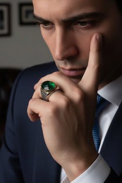 Yeşil Zirkon Taşlı Gümüş Erkek Yüzük