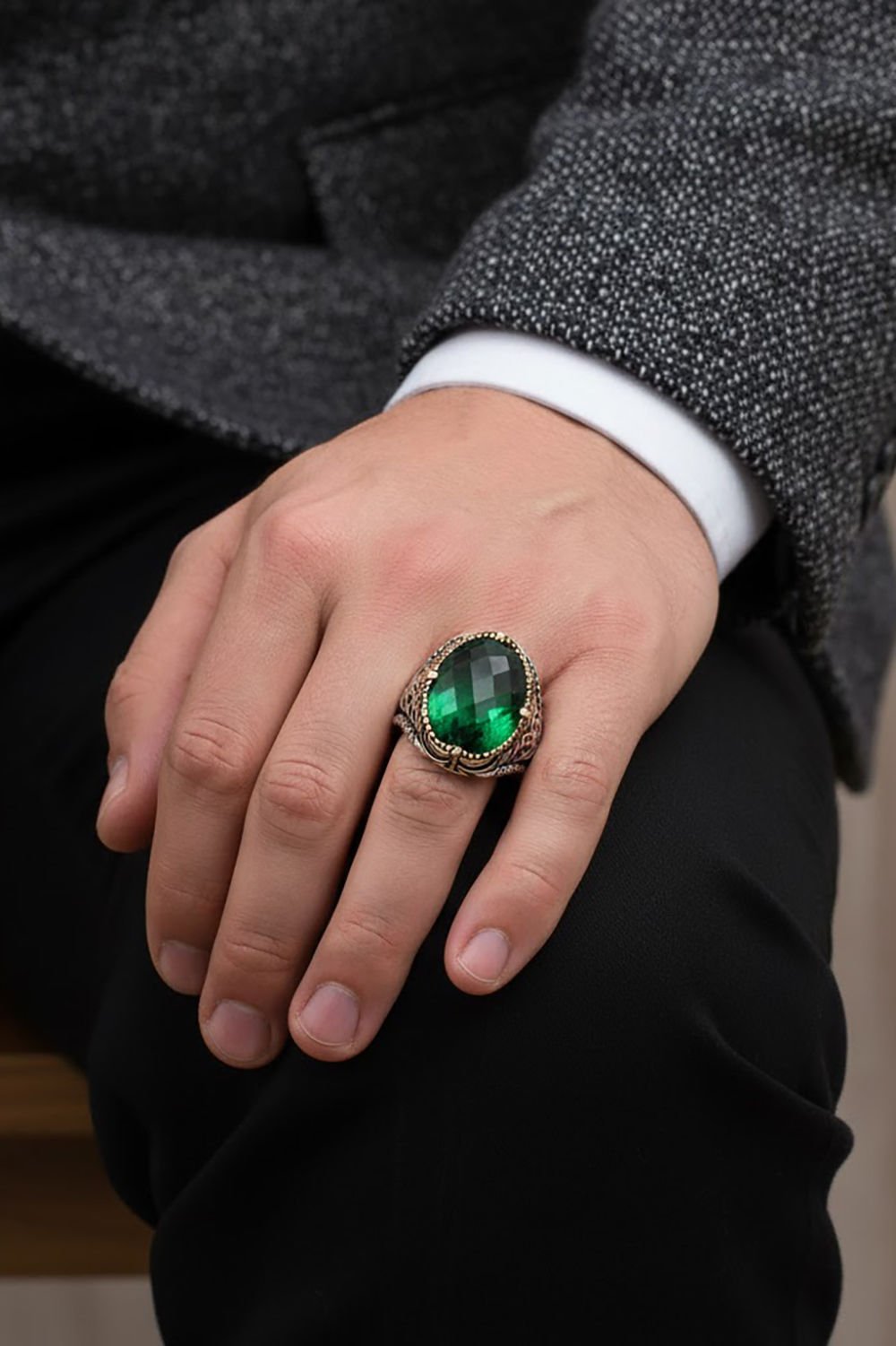 Yeşil Zirkon Taşlı Gümüş Erkek Yüzük