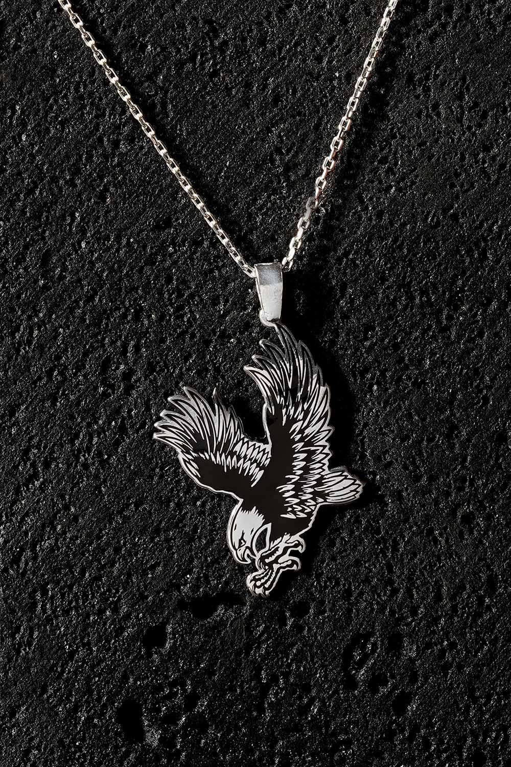 Kartal Model Siyah Mineli Gümüş Kolye