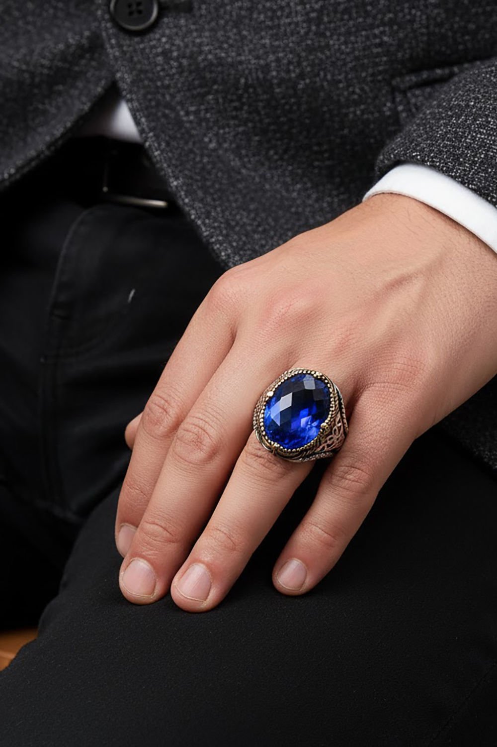 Mavi Zirkon Taşlı Gümüş Erkek Yüzük