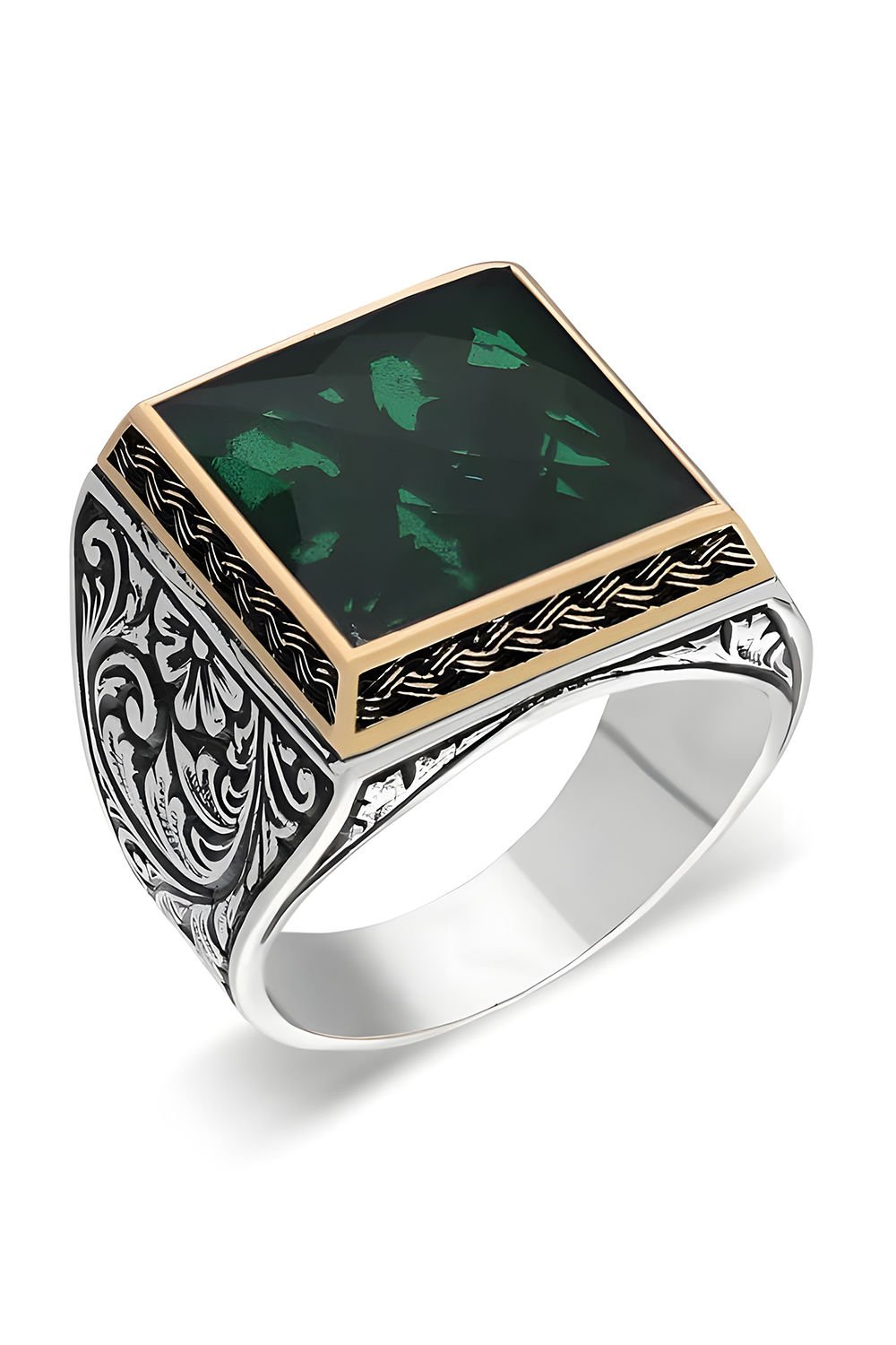 Kare Model Kalem İşlemeli Yeşil Zirkon Yüzük