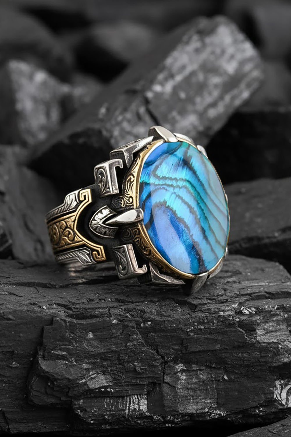 Kalem İşleme Okyanus Sedefi Taşlı Erkek Yüzüğü