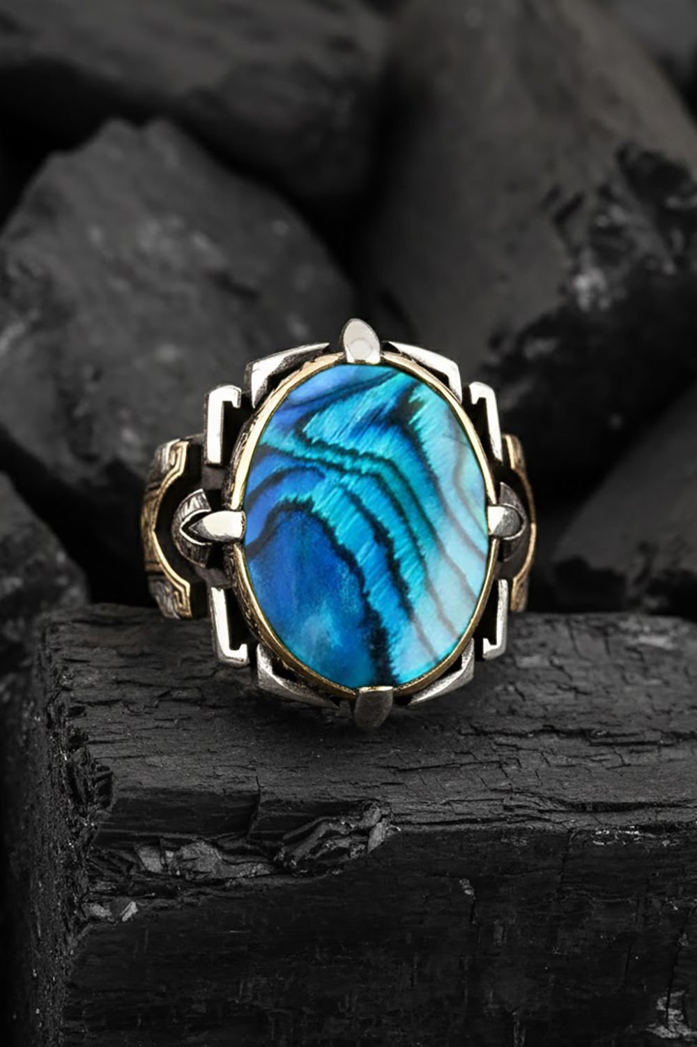 Kalem İşleme Okyanus Sedefi Taşlı Erkek Yüzüğü