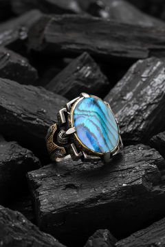 Kalem İşleme Okyanus Sedefi Taşlı Erkek Yüzüğü