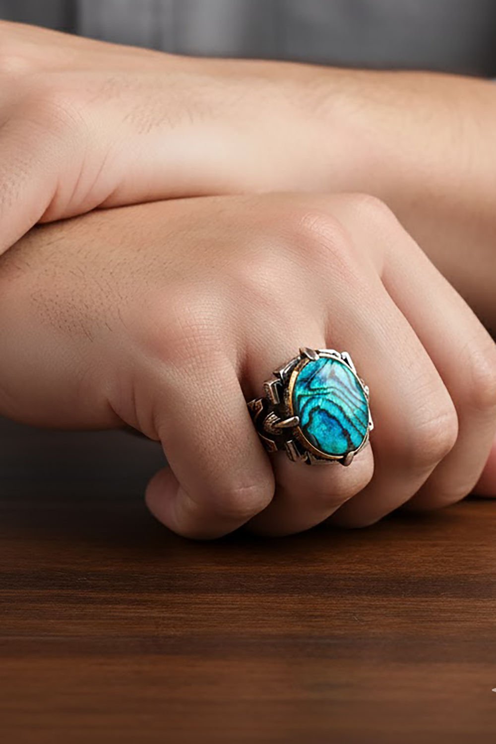 Kalem İşleme Okyanus Sedefi Taşlı Erkek Yüzüğü