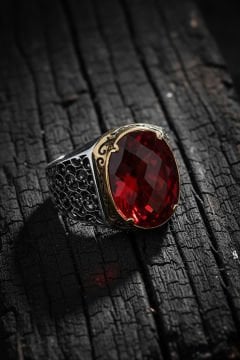 Sarmaşık Model Kırmızı Zirkon Taşlı Gümüş Yüzük