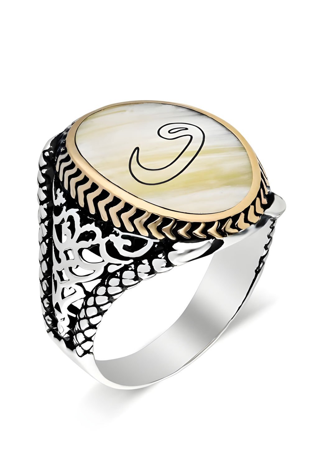 Sedef Taşı Üzerine Vav Gümüş Erkek Yüzük