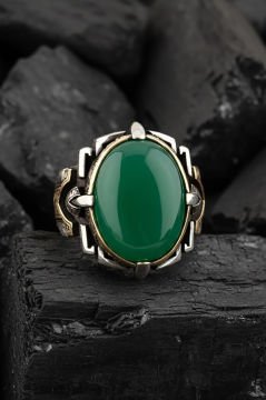 Kalem İşleme Yeşil Akik Taşlı Erkek Yüzüğü