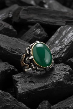 Kalem İşleme Yeşil Akik Taşlı Erkek Yüzüğü