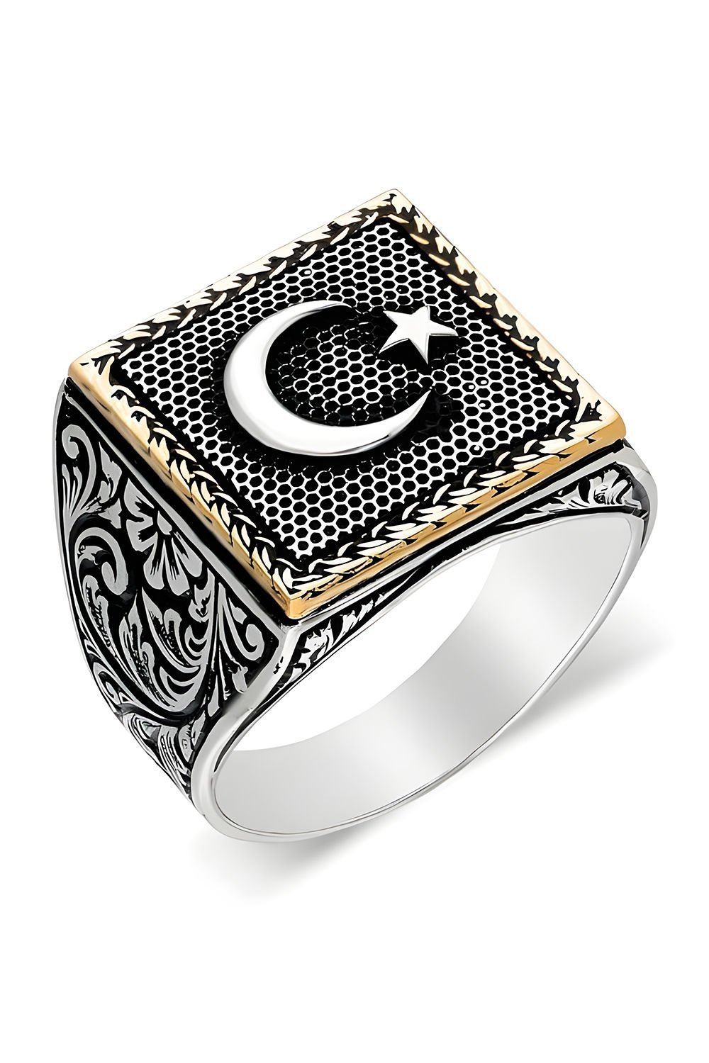 Kare Model Kalem İşlemeli Ay Yıldız Desenli Yüzük