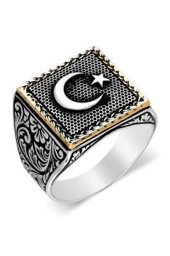 Kare Model Kalem İşlemeli Ay Yıldız Desenli Yüzük