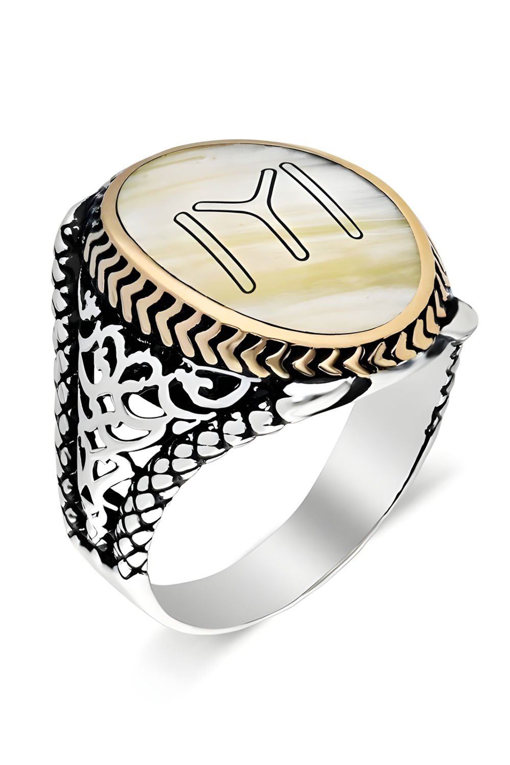 Sedef Taşı Üzerine Kayı Boyu Gümüş Erkek Yüzük