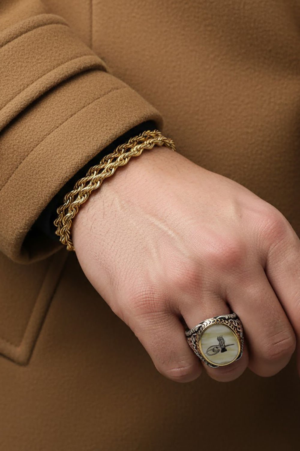 Sedef Taşı Üzerine Tuğra Gümüş Erkek Yüzük