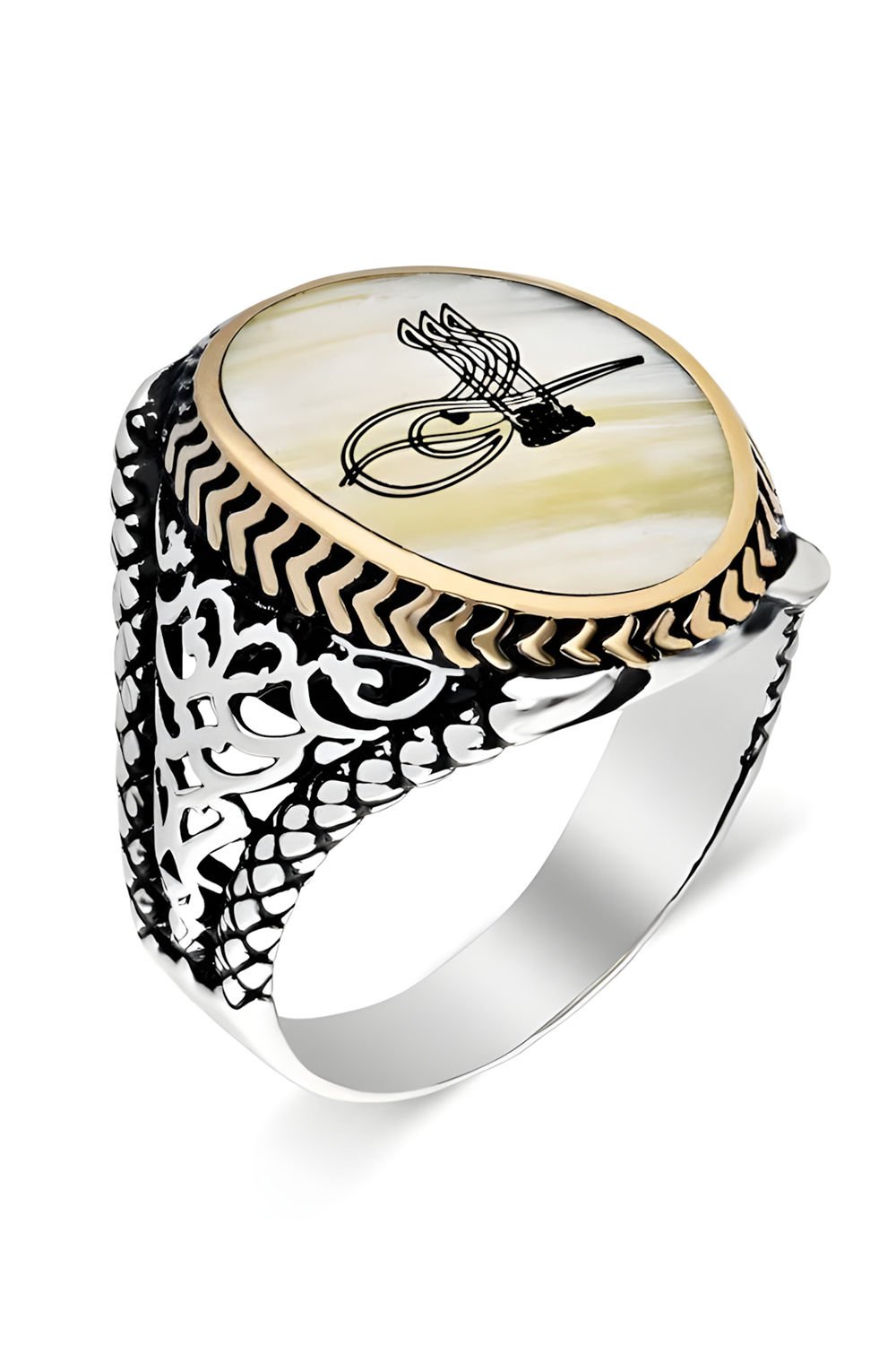 Sedef Taşı Üzerine Tuğra Gümüş Erkek Yüzük