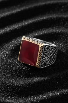 Kare Model Akik Taşlı Gümüş Yüzük