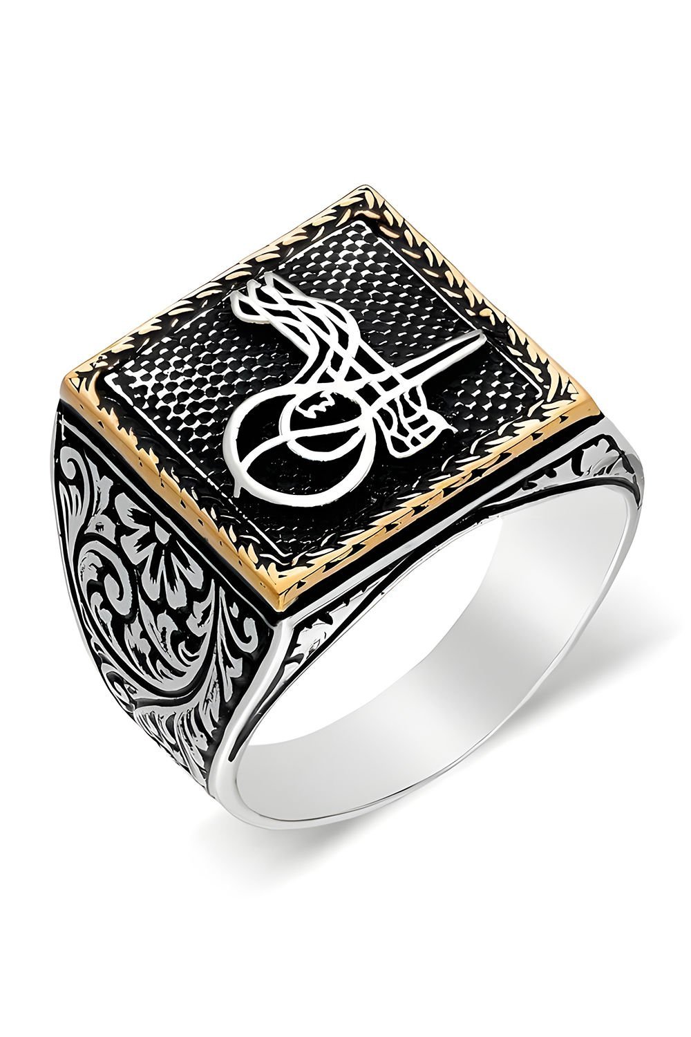 Kare Model Kalem İşlemeli Tuğra Desenli Yüzük