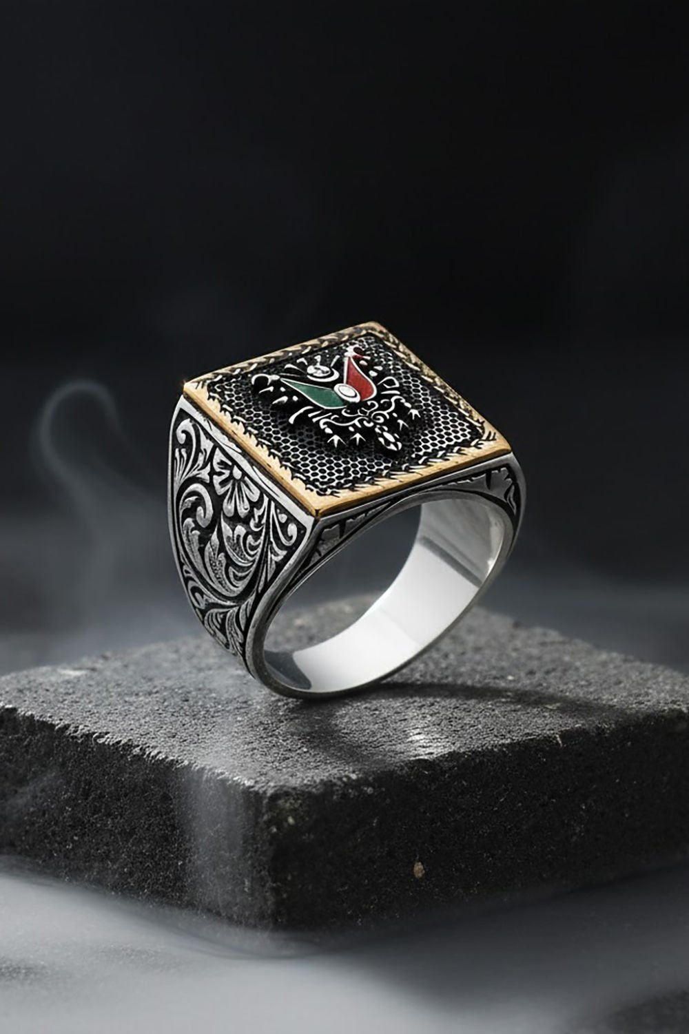 Kare Model Kalem İşlemeli Devlet Arması Yüzük