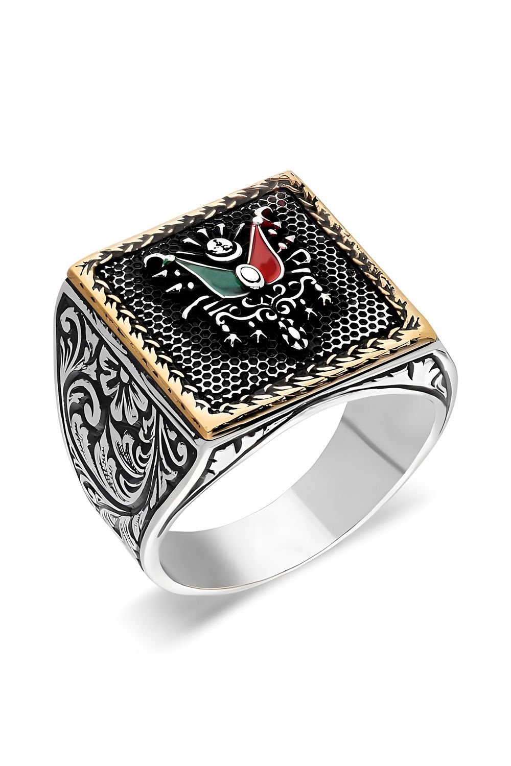 Kare Model Kalem İşlemeli Devlet Arması Yüzük