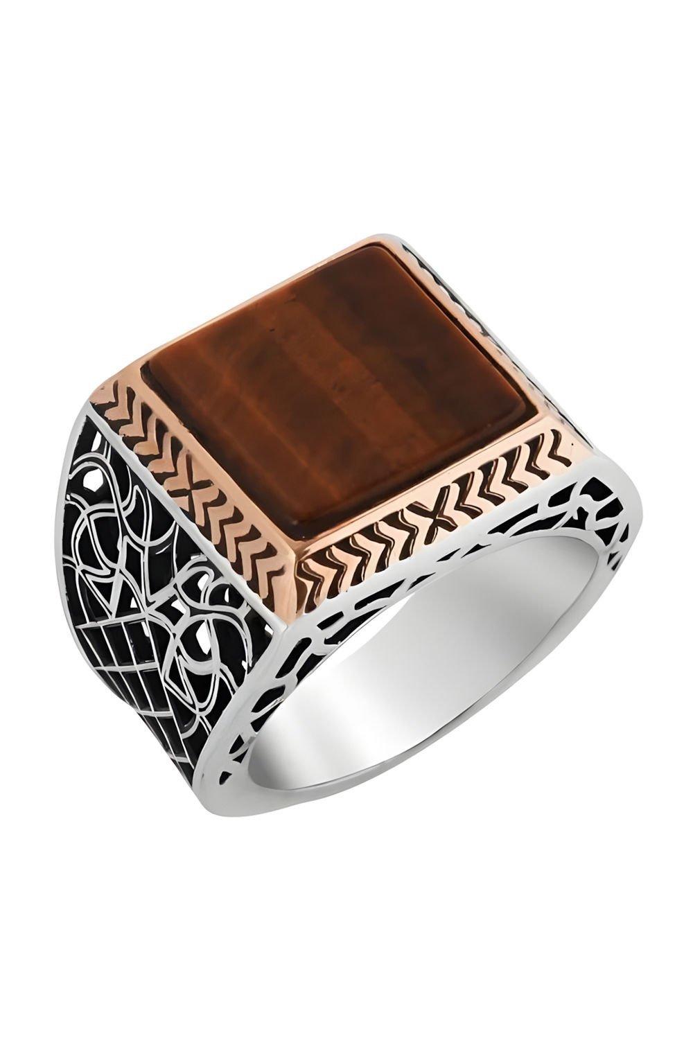 Kare Model Kaplangözü Taşlı Gümüş Yüzük