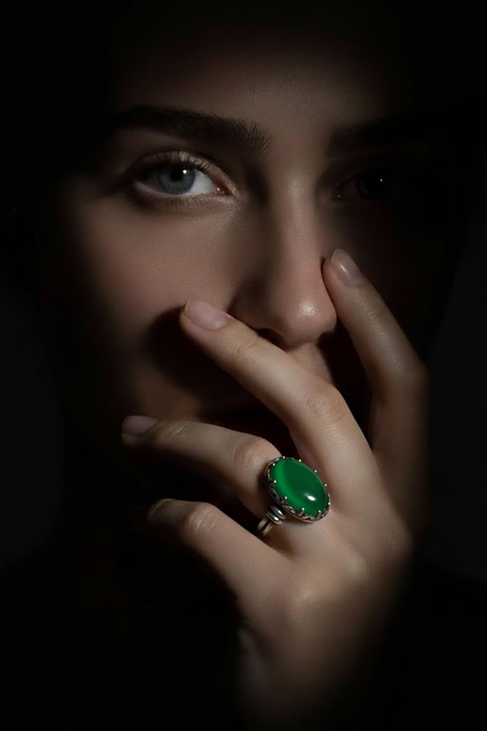 Çift Kol Model Yeşil Akik Taşlı El İşi Yüzük