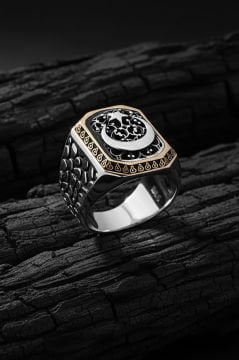 Benekli Model Ay Yıldızlı Taşsız Gümüş Yüzük