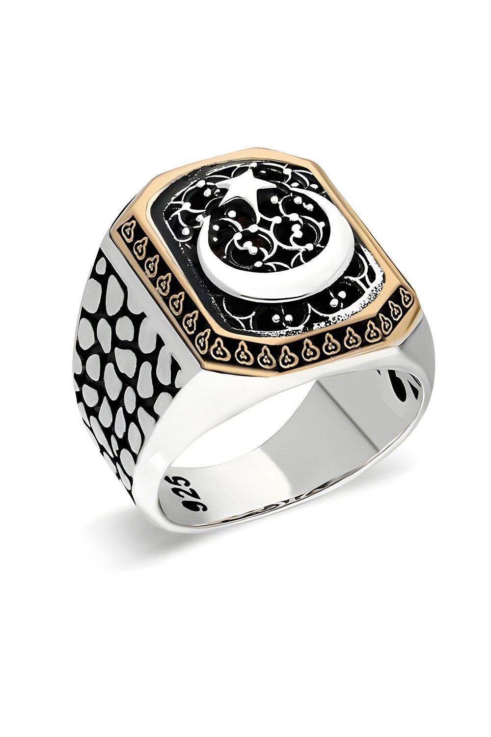 Benekli Model Ay Yıldızlı Taşsız Gümüş Yüzük