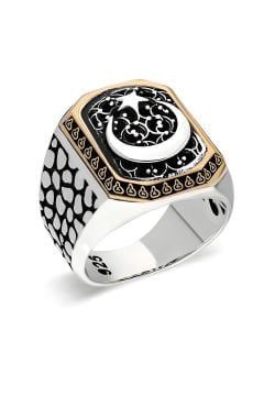 Benekli Model Ay Yıldızlı Taşsız Gümüş Yüzük