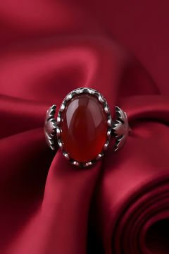 Çınar Yaprağı Model Akik Taşlı El İşi Gümüş Yüzük