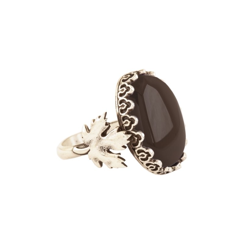 Çınar Yaprağı Oniks Taşlı El İşi Gümüş Yüzük