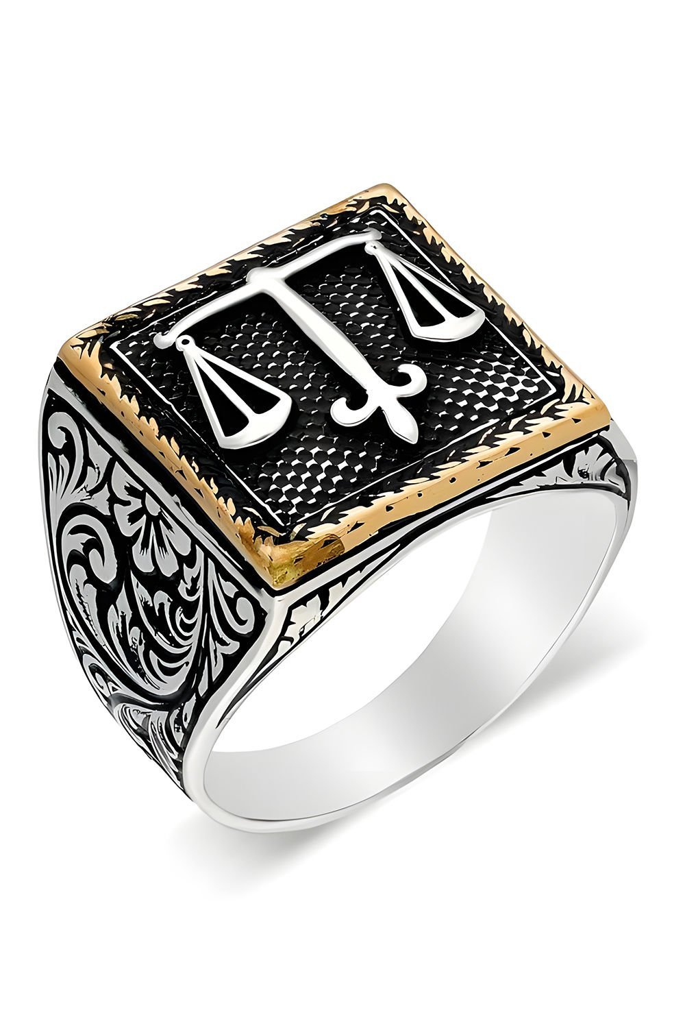 Kare Model Kalem İşlemeli Adalet Terazisi Yüzük