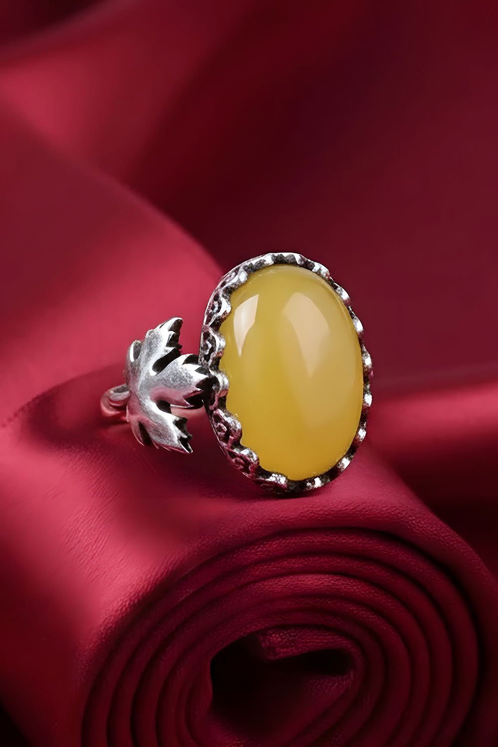 Çınar Yaprağı Sarı Akik Taşlı El İşi Gümüş Yüzük