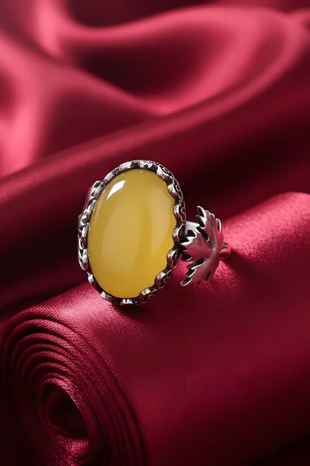 Çınar Yaprağı Sarı Akik Taşlı El İşi Gümüş Yüzük