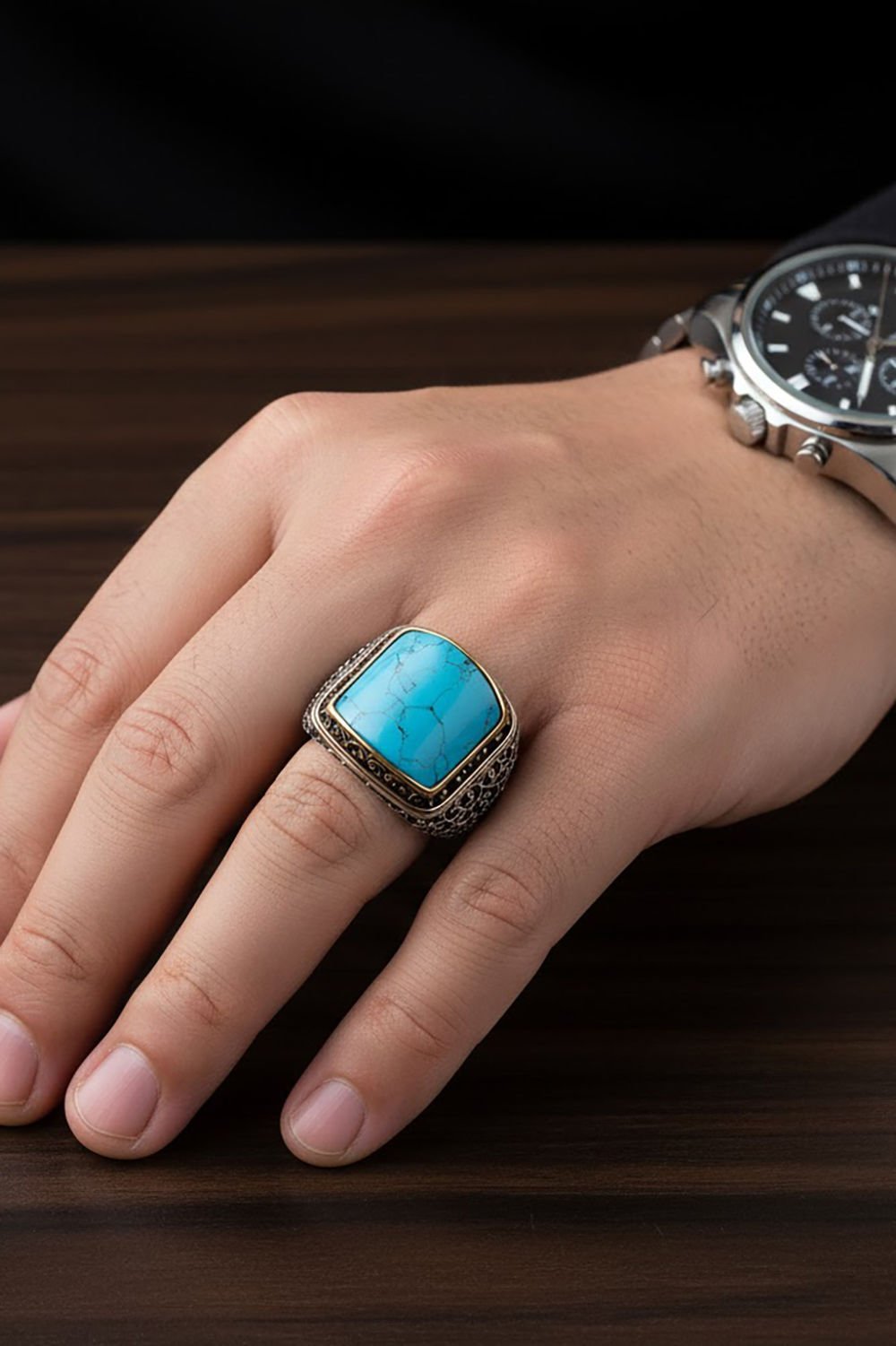 Sarmaşık İşlemeli Firüze Taşlı Gümüş Yüzük