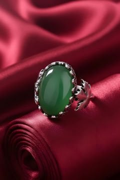 Çınar Yaprağı Yeşil Akik Taşlı El İşi Gümüş Yüzük