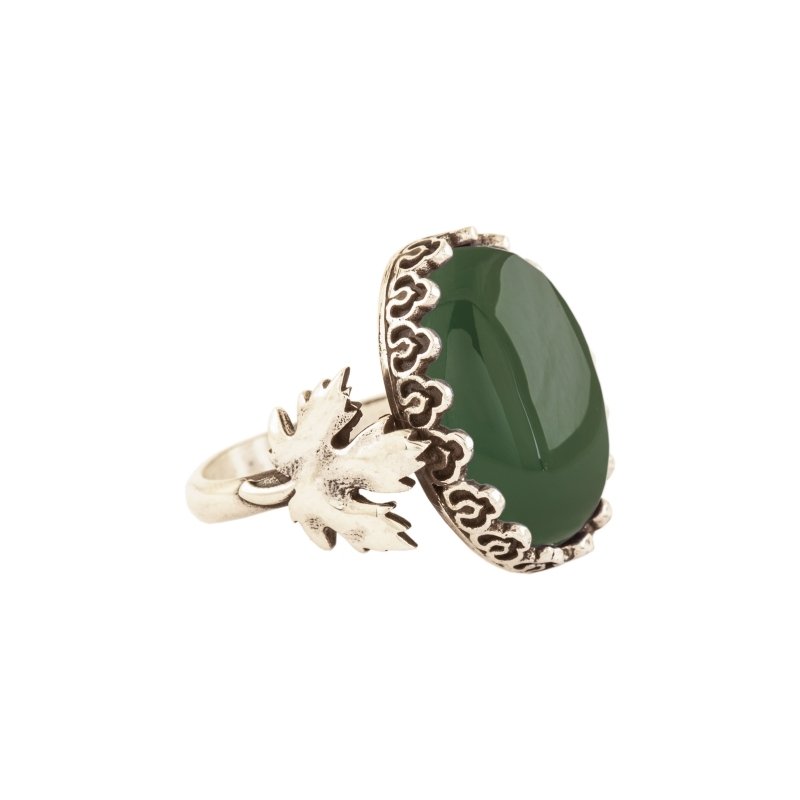Çınar Yaprağı Yeşil Akik Taşlı El İşi Gümüş Yüzük