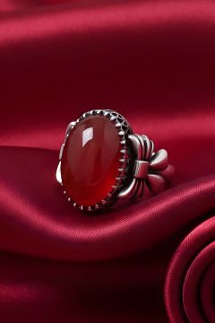 Kurdele Model Akik Taşlı El İşi Gümüş Yüzük