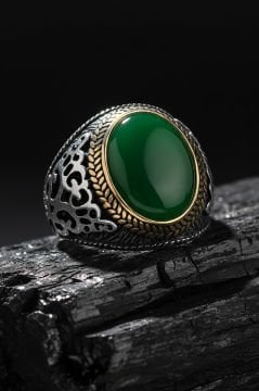 Yeşil Akik Taşlı Gümüş Erkek Yüzük