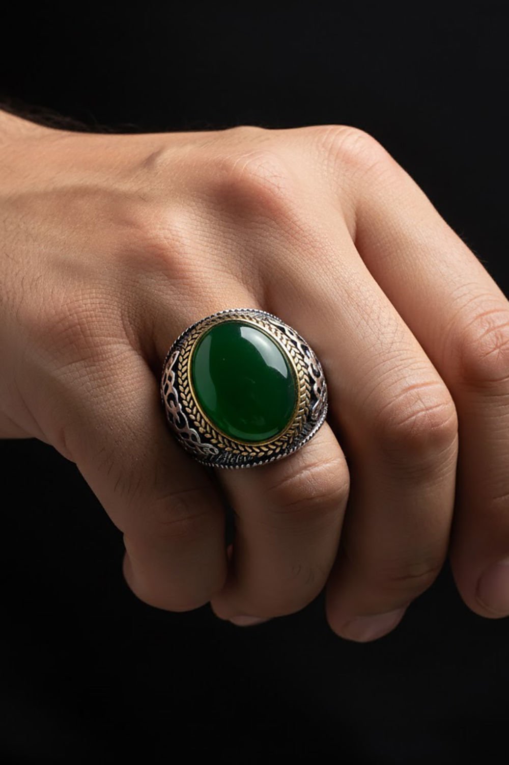 Yeşil Akik Taşlı Gümüş Erkek Yüzük