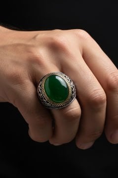 Yeşil Akik Taşlı Gümüş Erkek Yüzük