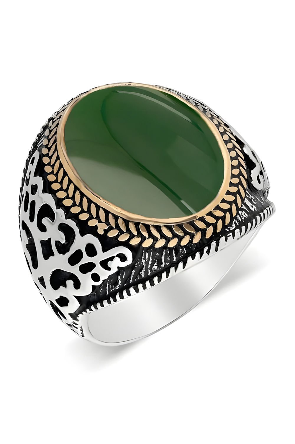 Yeşil Akik Taşlı Gümüş Erkek Yüzük