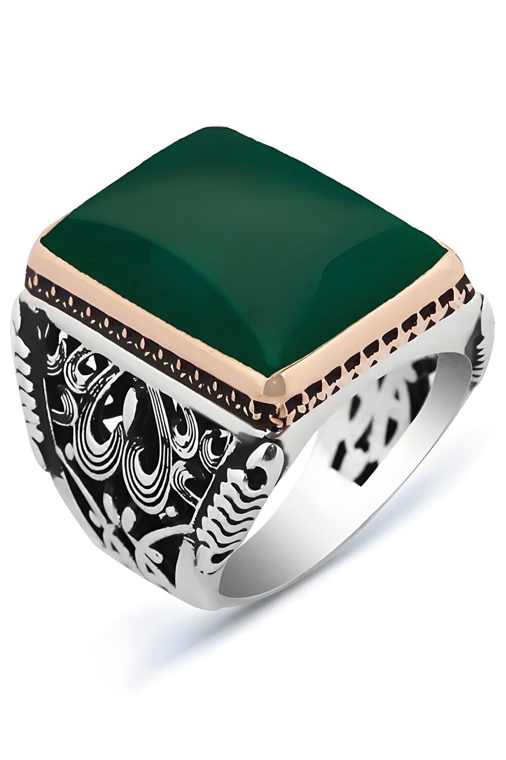 Büyük Boy Dikdörtgen Model Yeşil Akik Taşlı Yüzük