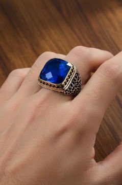 Sarmaşık İşlemeli Mavi Zirkon Taşlı Gümüş Yüzük