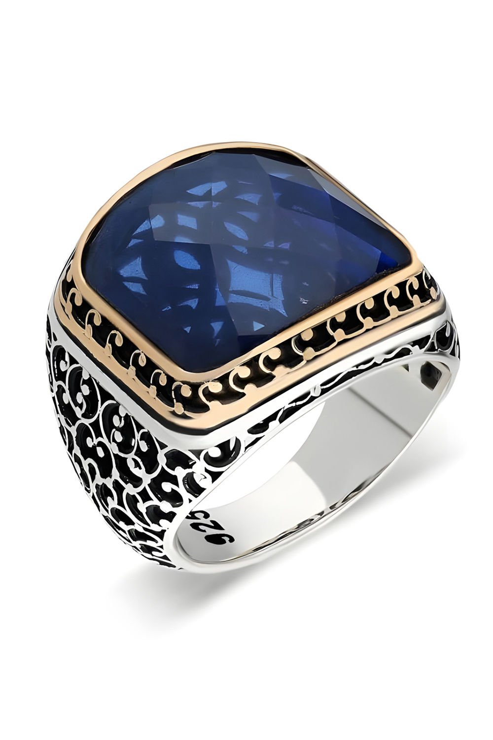 Sarmaşık İşlemeli Mavi Zirkon Taşlı Gümüş Yüzük