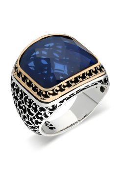 Sarmaşık İşlemeli Mavi Zirkon Taşlı Gümüş Yüzük