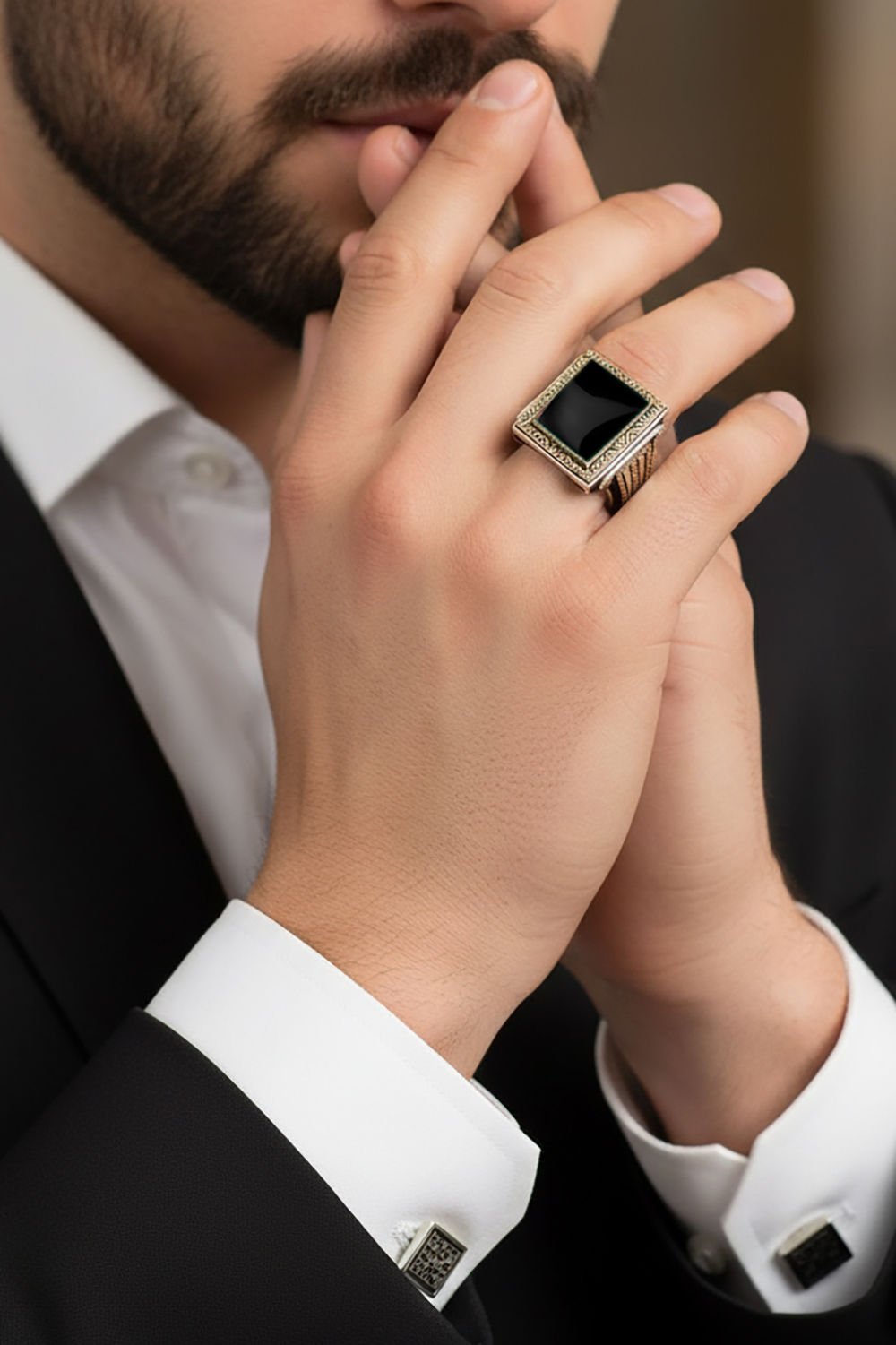 Oniks Taşlı Dikdörtgen Model Kalem İşleme Yüzük