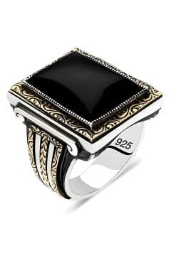 Oniks Taşlı Dikdörtgen Model Kalem İşleme Yüzük