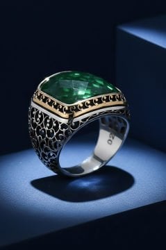 Sarmaşık İşlemeli Yeşil Zirkon Taşlı Gümüş Yüzük