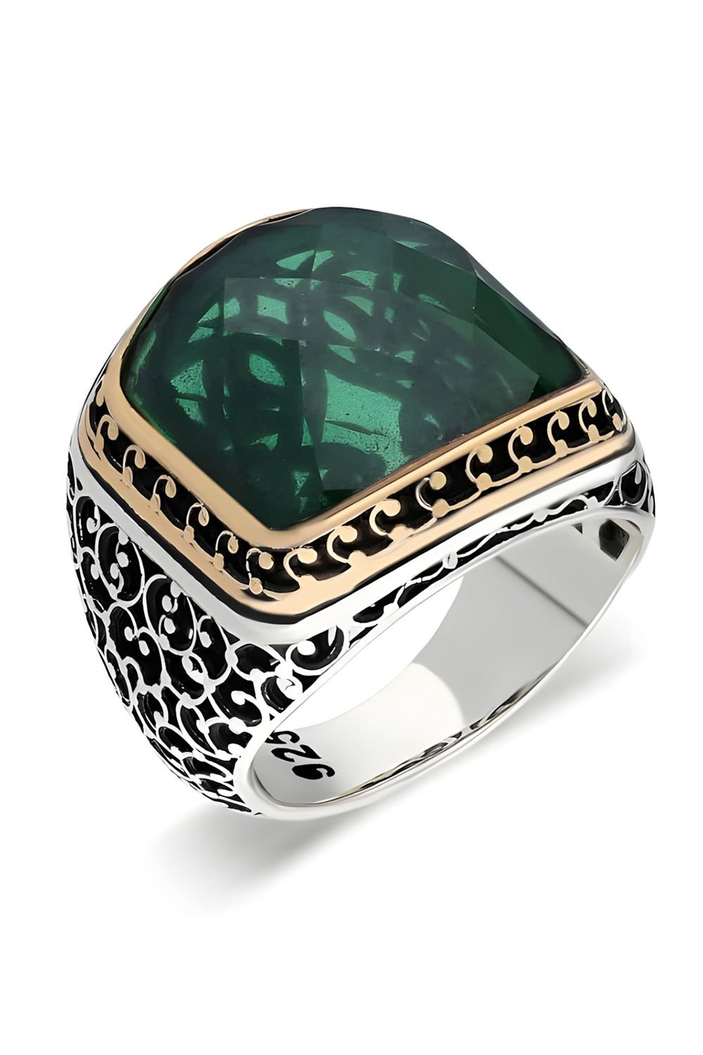 Sarmaşık İşlemeli Yeşil Zirkon Taşlı Gümüş Yüzük