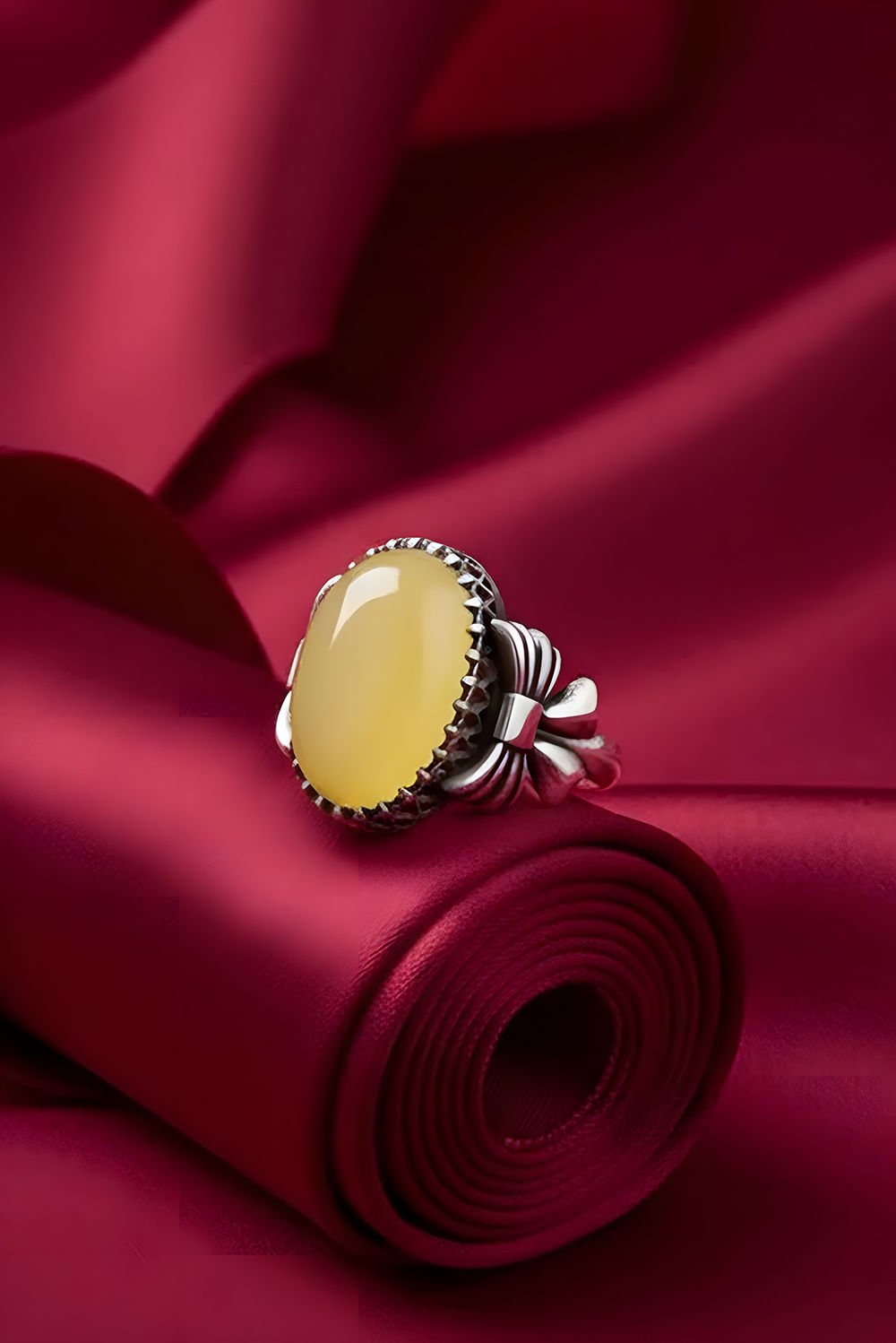 Kurdele Model Sarı Akik Taşlı El İşi Gümüş Yüzük