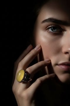 Kurdele Model Sarı Akik Taşlı El İşi Gümüş Yüzük